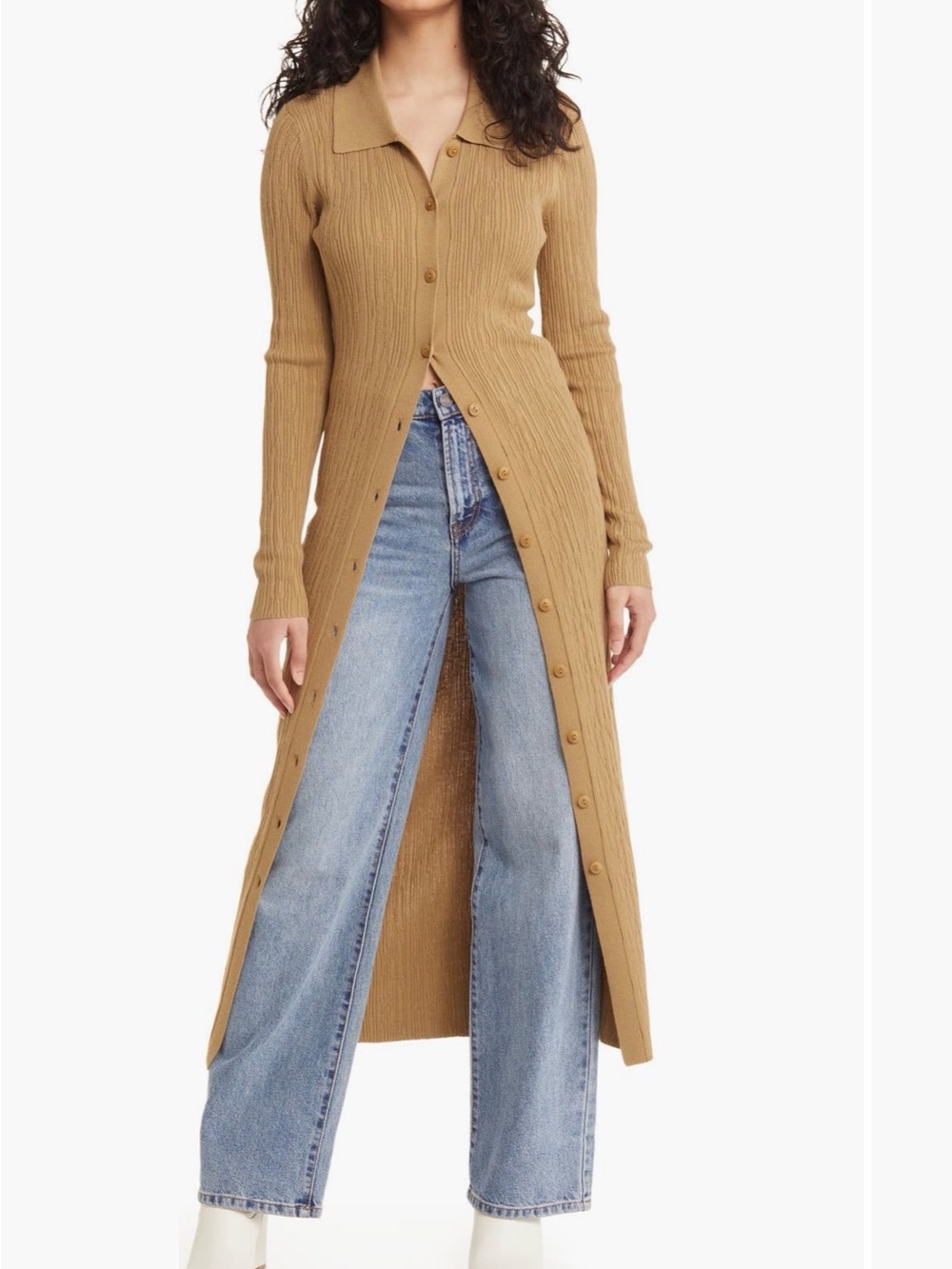 Open Edit Long Sleeve Ribbed Cardigan Dress